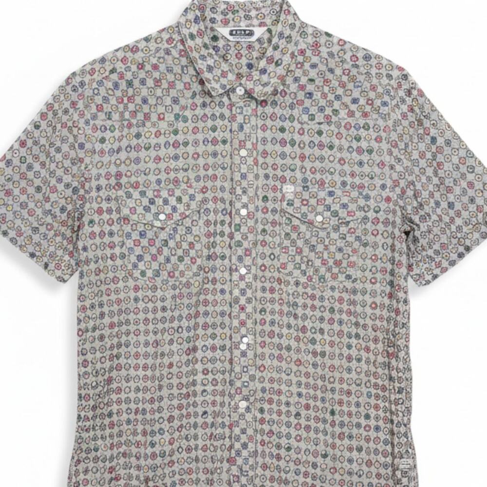 Salt Valley Western Geometric Xs Os Print Tan Multi S/S Pearl Snap Shirt Large